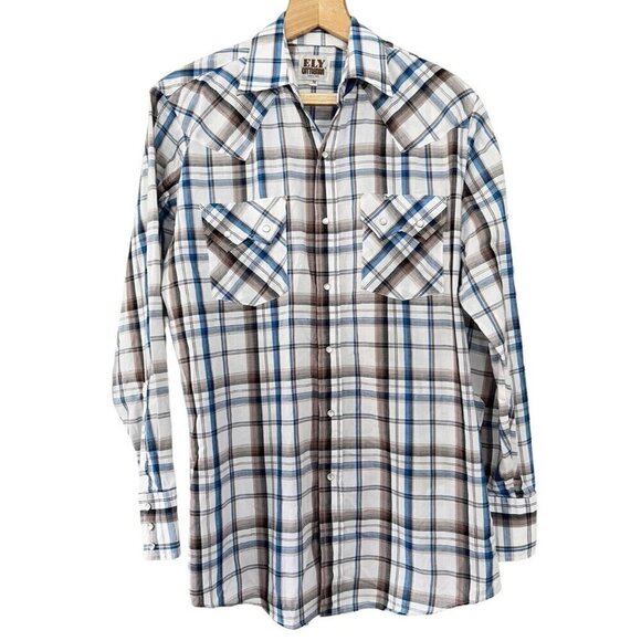 Ely Cattleman Men's Sz M Blue & Brown Plaid Pearl Snap Long Sleeve Shirt - Picture 1 of 9